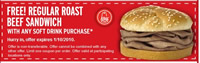 Arby's: Free Regular Roast Beef Sandwich with Soft Drink Purchase