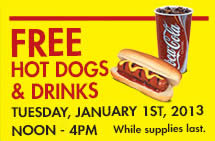 FREE Hot Dogs and Drinks at RC Willey on 1/1